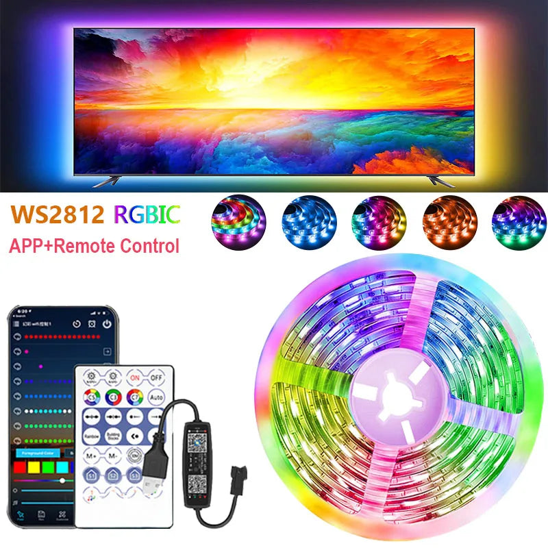 Ws2812B RGBIC Led Strip Light Usb Dream Color Light Strip Bluetooth App Remote Control 1-30M Flexible Lamp Tape for Home Decor