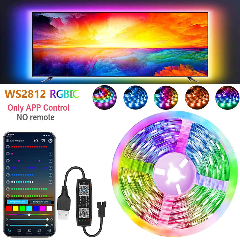 Ws2812B RGBIC Led Strip Light Usb Dream Color Light Strip Bluetooth App Remote Control 1-30M Flexible Lamp Tape for Home Decor